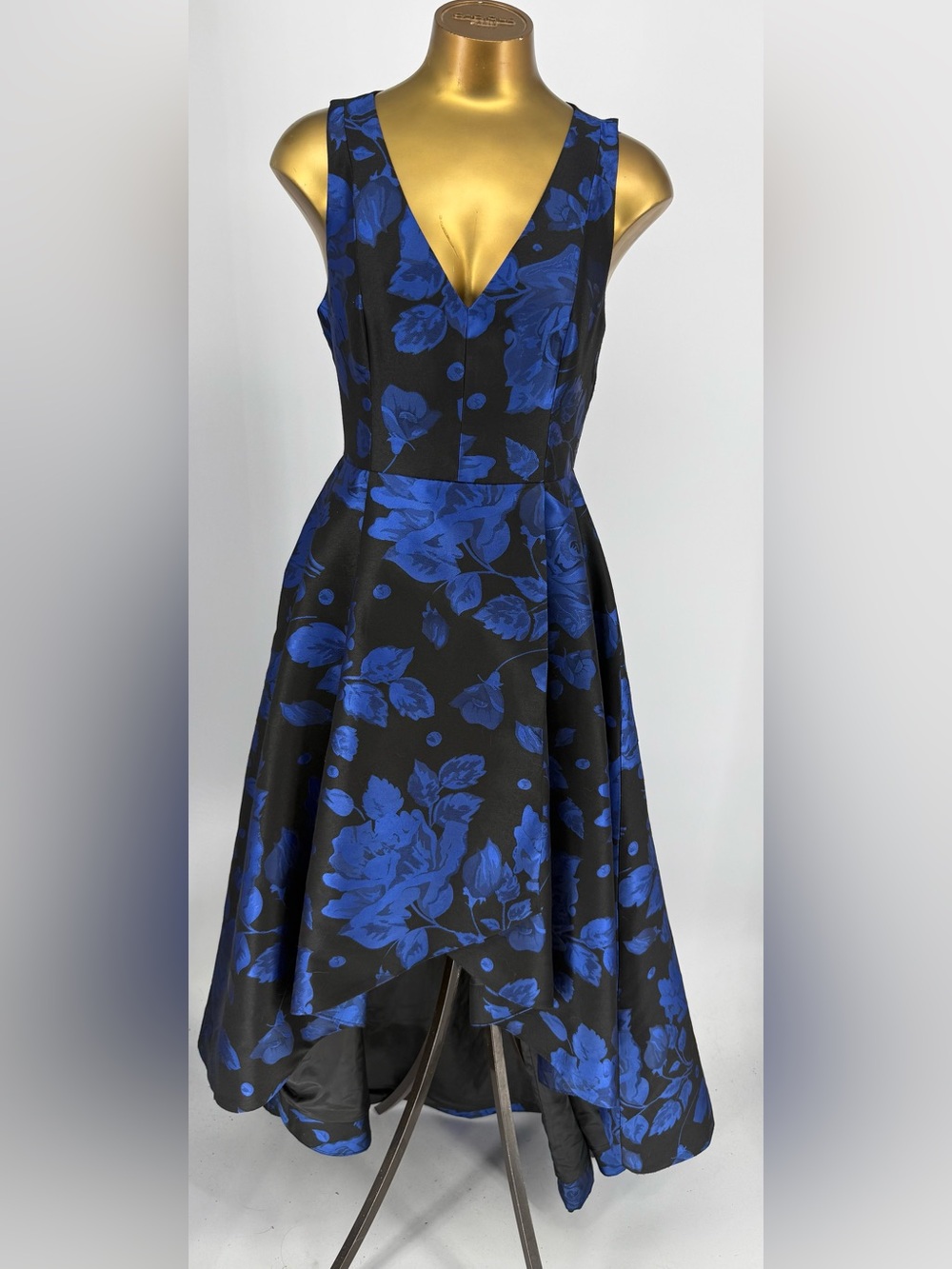 Calvin Klein Black Dress with Bold Blue Floral Hi-Low Hem Formal Dress Size 4